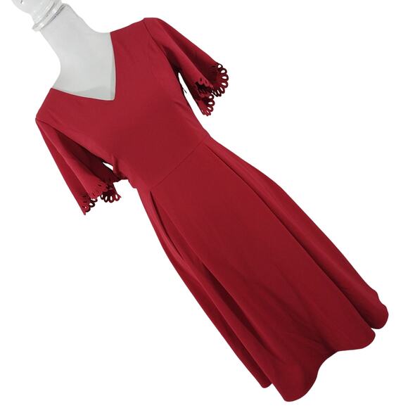 NWT@$50! H & M! ROUGE RED SCALLOPED/,LACE SLEEVE SHIFT STYLE MIDI DRESS! SZ 2 - Picture 1 of 11
